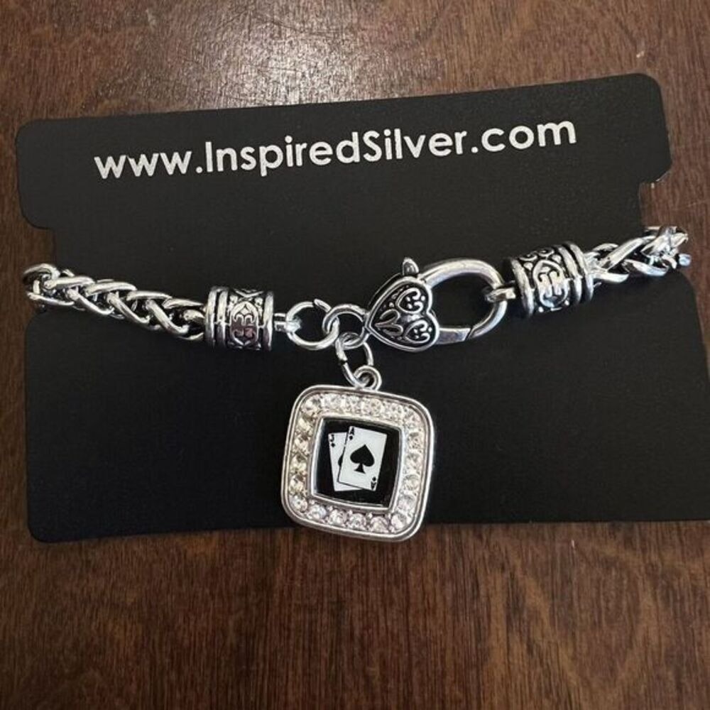 Silver Plated Blackjack‎ Square Charm Braided Bracelet Cubic Zirconia 7.5 in